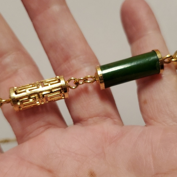 Sarah Coventry Jewelry - Sarah Coventry Green stone jade goldtone geometric Celtics design vintage